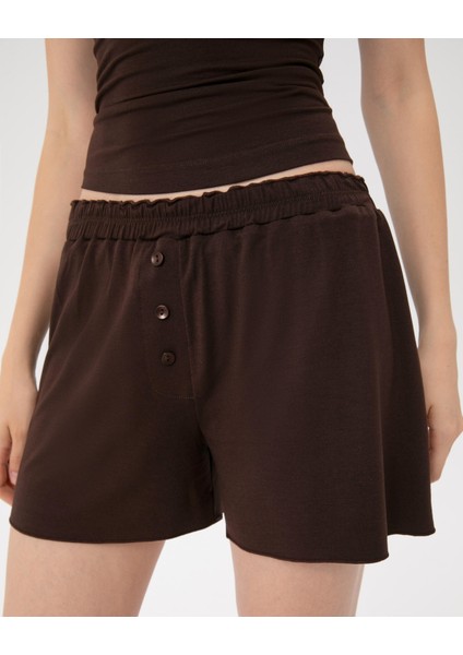 Kadın Kahverengi Büzgülü Pijama Boxer - EcoVero™ Viskoz, Mini Boy, Büzgülü Bel, Ön Düğmeli, Evde Rahat ve Esnek Pijama Boxer modelleri