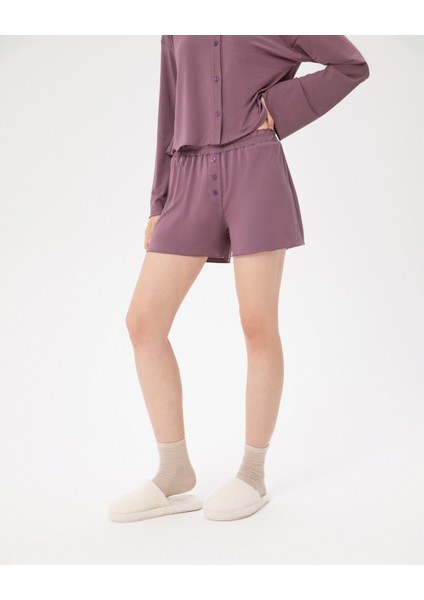 Kadın Lila Büzgülü Pijama Boxer - EcoVero™ Viskoz, Mini Boy, Büzgülü Bel, Ön Düğmeli, Evde Rahat ve Esnek Pijama Boxer