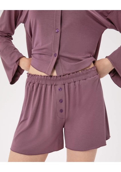 Kadın Lila Büzgülü Pijama Boxer - EcoVero™ Viskoz, Mini Boy, Büzgülü Bel, Ön Düğmeli, Evde Rahat ve Esnek Pijama Boxer modelleri