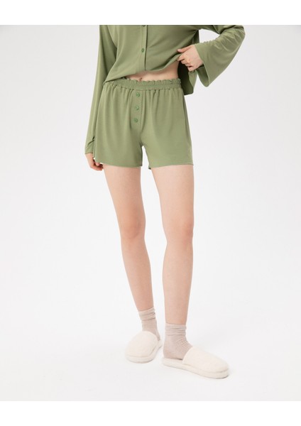 Kadın Açık Yeşil Büzgülü Pijama Boxer - EcoVero™ Viskoz, Mini Boy, Büzgülü Bel, Ön Düğmeli, Evde Rahat ve Esnek Pijama Boxer