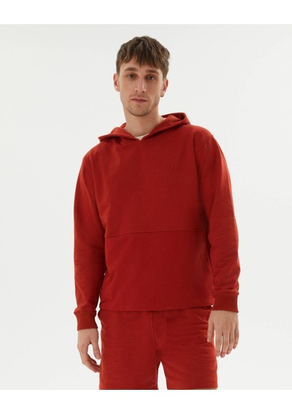 Tarçın Turuncu Kiremit Erkek Uzun Kollu Kanguru Cepli Organik Pamuk Kapşonlu Sweatshirt