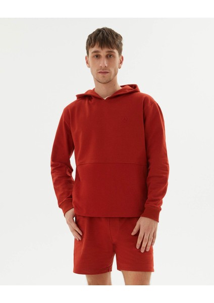 Tarçın Turuncu Kiremit Erkek Uzun Kollu Kanguru Cepli Organik Pamuk Kapşonlu Sweatshirt modelleri