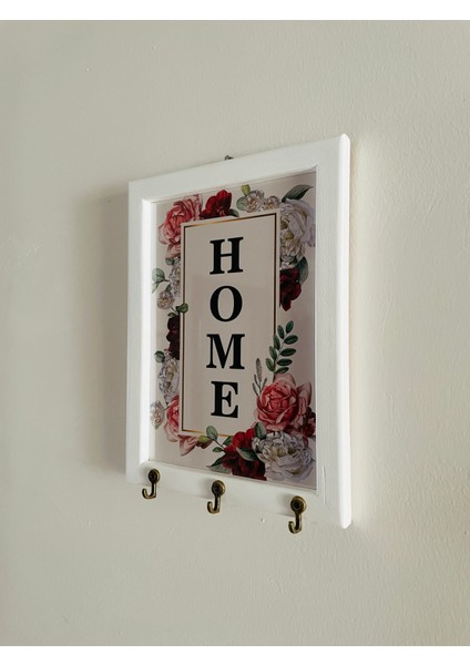Çiçek Desenli Home Yazılı Beyaz Ahşap Çerçeveli Anahtarlık – 4 Askılı Duvar Askılı Anahtarlık Dekoru
