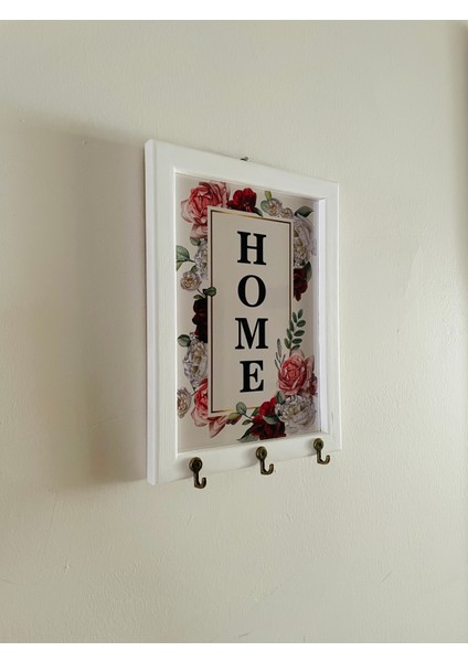 Çiçek Desenli Home Yazılı Beyaz Ahşap Çerçeveli Anahtarlık – 4 Askılı Duvar Askılı Anahtarlık Dekoru