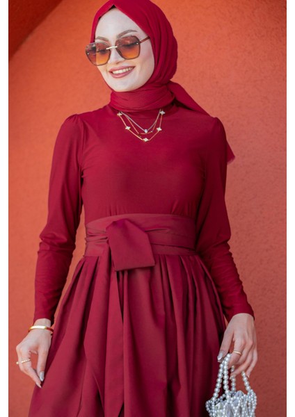 Cely Geniş Kemerli Sandy Tafta Kumaşlı Elbise-Bordo fiyatları