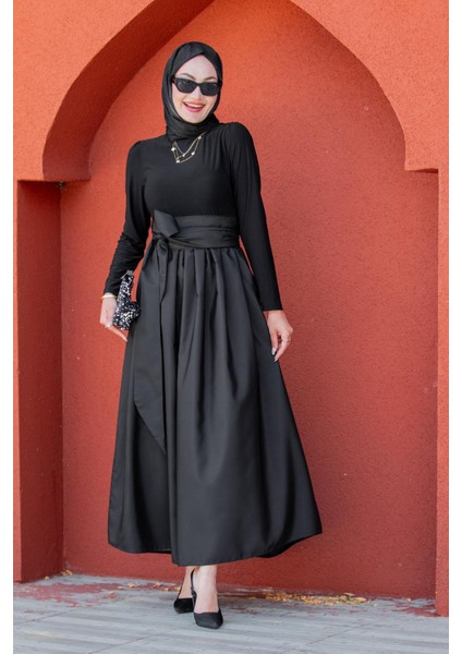 Cely Geniş Kemerli Sandy Tafta Kumaşlı Elbise-Siyah