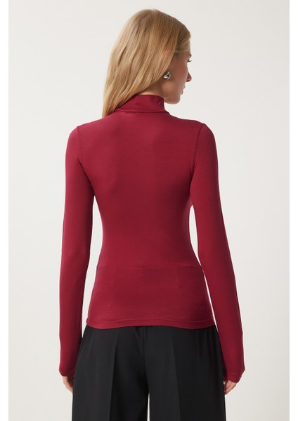 Dik Yaka Saran Esnek Örme Bluz LUB0013 BORDO
