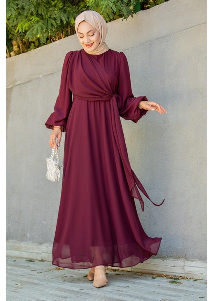 Narin Mat Şifon Tesettür Abiye-Bordo