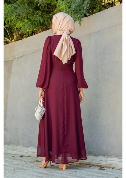 Narin Mat Şifon Tesettür Abiye-Bordo modelleri
