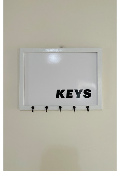 Beyaz Çerçeveli Keys Yazılı Duvar Askılı Anahtarlık Dekoratif Anahtar Askısı
