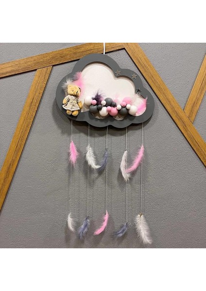 Kapı Süsü Ahşap LED Işıklı Bulut Süslü Gri-Pembe Kız Bebek Kapı Süsü