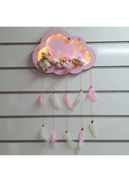 Kapı Süsü Ahşap LED Işıklı Bulut Süslü Gri-Pembe Kız Bebek Kapı Süsü