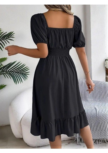 Kadın Kısa Kollu Kare Yakalı Beli Lastikli Kısa Trikoton Elbise indirimleri