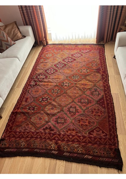 166X292 cm Büyük Boy Kırmızı Uşak Kilim, Geometrik Desenli Büyük Salon & Ofis Için El Dokuma Nostaljik Kilim