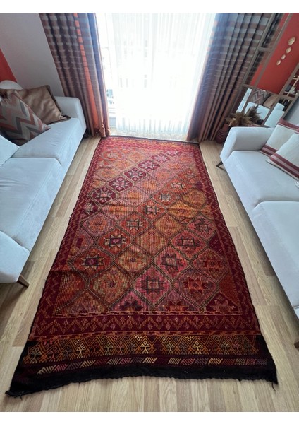 166X292 cm Büyük Boy Kırmızı Uşak Kilim, Geometrik Desenli Büyük Salon & Ofis Için El Dokuma Nostaljik Kilim fiyatları