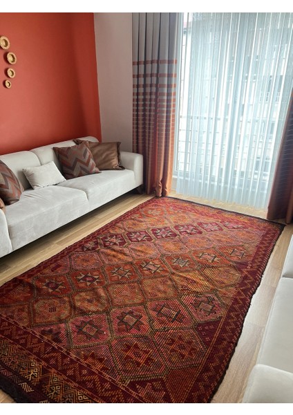 166X292 cm Büyük Boy Kırmızı Uşak Kilim, Geometrik Desenli Büyük Salon & Ofis Için El Dokuma Nostaljik Kilim modelleri