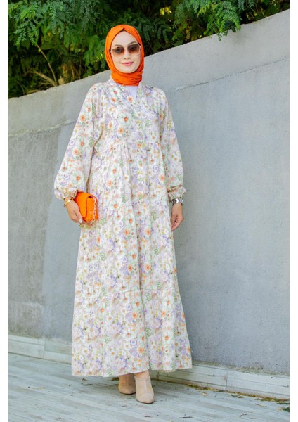 Lilyum Desenli Relax Yaz Elbise-Turuncu