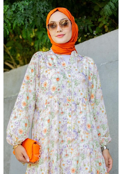 Lilyum Desenli Relax Yaz Elbise-Turuncu fiyatları