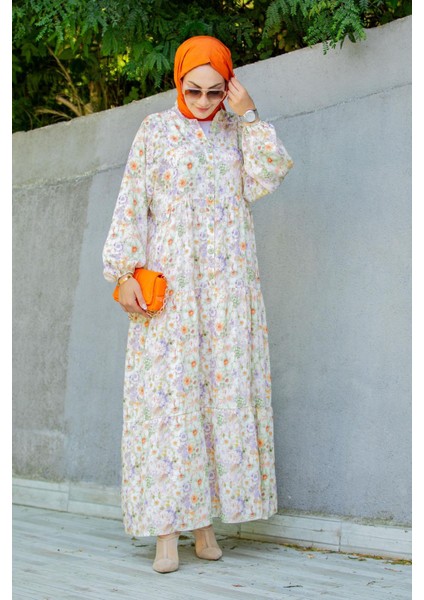 Lilyum Desenli Relax Yaz Elbise-Turuncu fırsatları