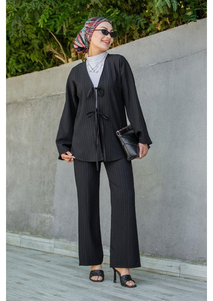 Mira Bürümcük Kumaş Tunik Pantolon Takım-Siyah