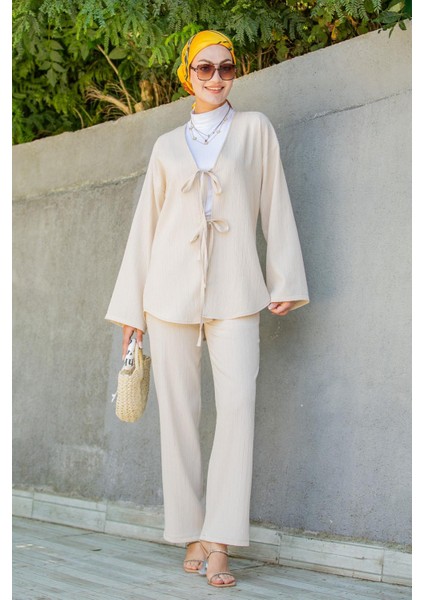 Mira Bürümcük Kumaş Tunik Pantolon Takım-Bej