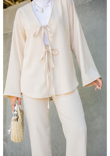 Mira Bürümcük Kumaş Tunik Pantolon Takım-Bej fiyatları