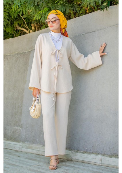 Mira Bürümcük Kumaş Tunik Pantolon Takım-Bej modelleri