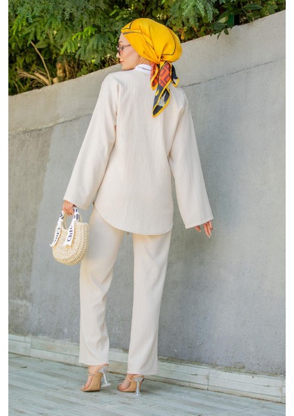 Mira Bürümcük Kumaş Tunik Pantolon Takım-Bej fırsatları