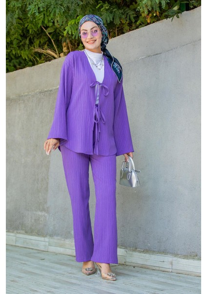 Mira Bürümcük Kumaş Tunik Pantolon Takım-Mor