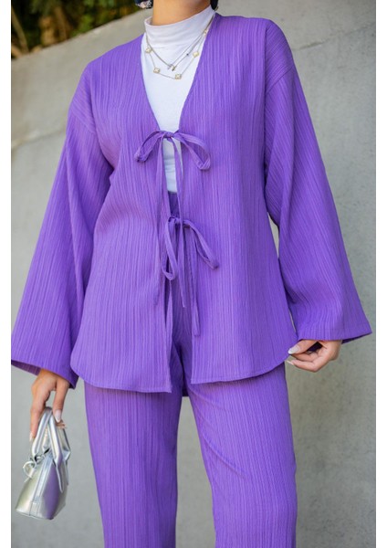 Mira Bürümcük Kumaş Tunik Pantolon Takım-Mor fiyatları