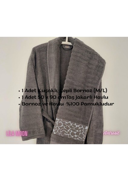 Antrasit Renkli Pamuklu Jakarlı Taş İkili Bornoz Seti fırsatları