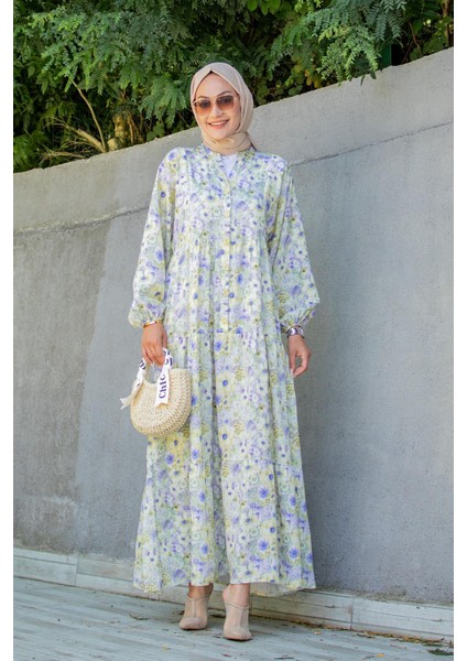 Lilyum Desenli Relax Yaz Elbise-Yeşil