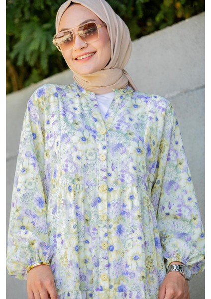 Lilyum Desenli Relax Yaz Elbise-Yeşil fiyatları