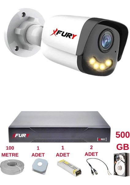 1 Kameralı 4 Warm LED Gece Renkli Görüş-Cepten Izle-Su Geçirmez Güvenlik Kamerası Seti 500GB