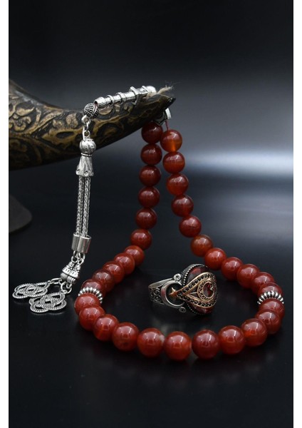 Doğal Akik Taşlı Tesbih ve 925 Ayar Gümüş Yüzük Ay Yıldızlı (Ayyıldızlı) Kırmızı 901979