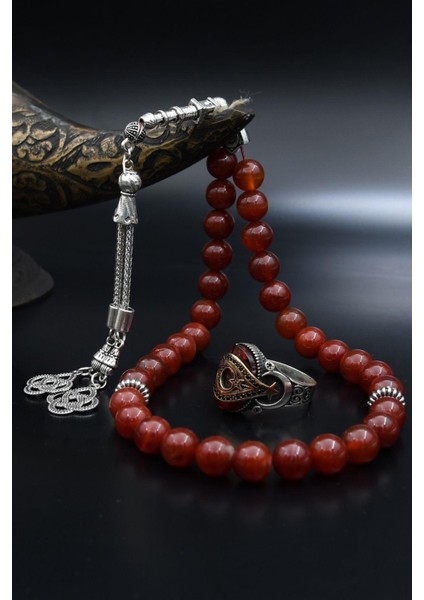 Doğal Akik Taşlı Tesbih ve 925 Ayar Gümüş Yüzük Ay Yıldızlı (Ayyıldızlı) Kırmızı 901979 fiyatları