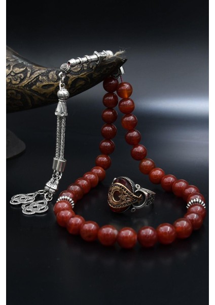 Doğal Akik Taşlı Tesbih ve 925 Ayar Gümüş Yüzük Ay Yıldızlı (Ayyıldızlı) Kırmızı 901979 modelleri