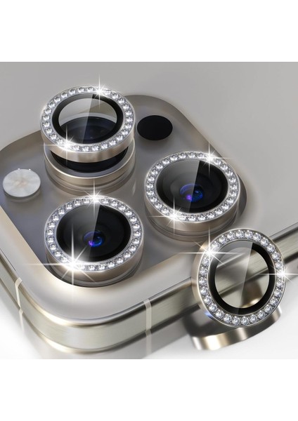 Apple iPhone 15 Pro Max Taşlı Parlak Kamera Lens Koruyucu Cam ve Çerçeve Kamera Koruma Lensi