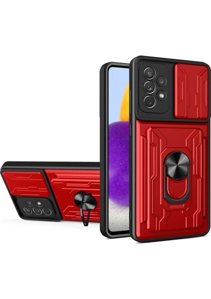 Samsung Galaxy M32 Uyumlu Kartlıklı Sürgülü Slayt Kamera Korumalı Standlı Tank Kapak