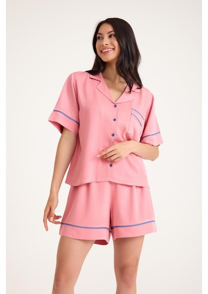 Dream Pembe Viskon Kumaş Maskülen Şort Pijama Takım
