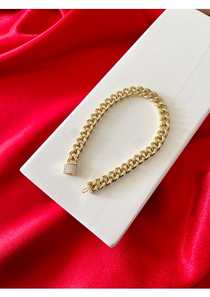 Kalın Zincir Zirkon Taşlı Gold Çelik Bileklik fiyatları
