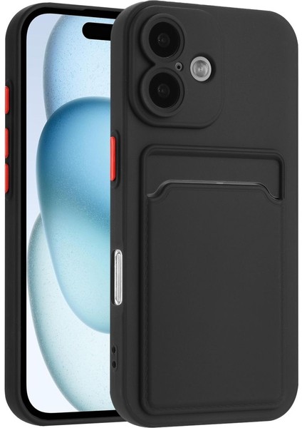 Apple iPhone 16 Plus Kılıf Kamera Korumalı Kartlıklı Cüzdanlı Kırmızı Tuşlu Siyah Silikon Kapak
