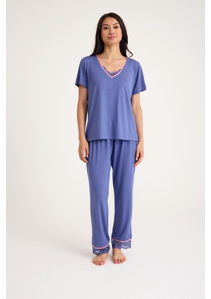 Dream Gri Mavi Viskon Kumaş Pijama Takım