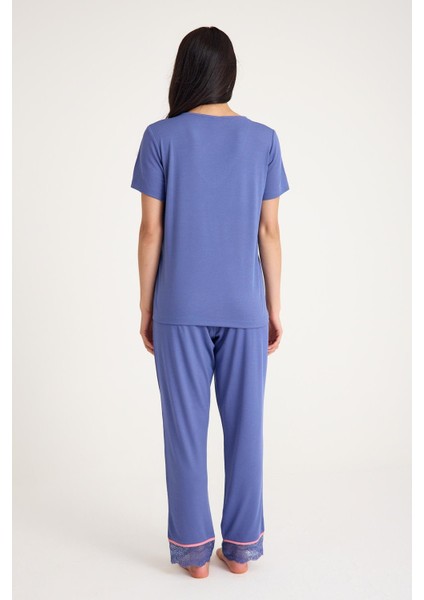 Dream Gri Mavi Viskon Kumaş Pijama Takım