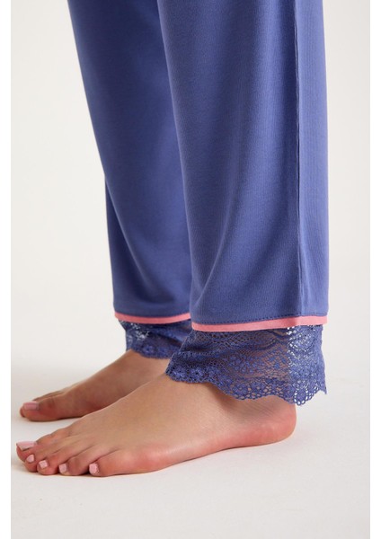 Dream Gri Mavi Viskon Kumaş Pijama Takım