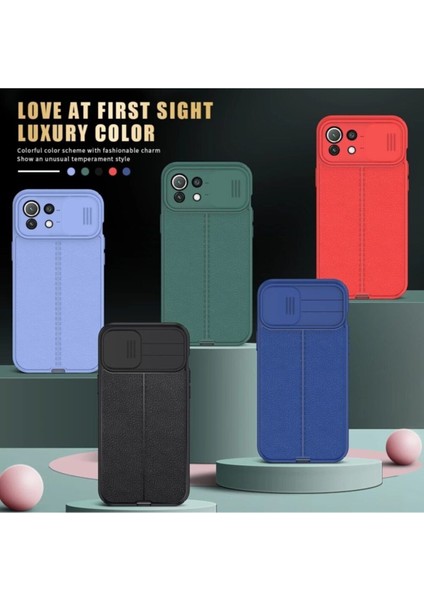 Xiaomi Mi 11 Lite Kılıf Sürgülü Slide Kamera Korumalı Deri Görünümlü Leke Tutmaz Lüks Silikon