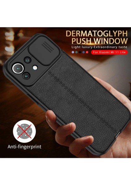 Xiaomi Mi 11 Lite Kılıf Sürgülü Slide Kamera Korumalı Deri Görünümlü Leke Tutmaz Lüks Silikon