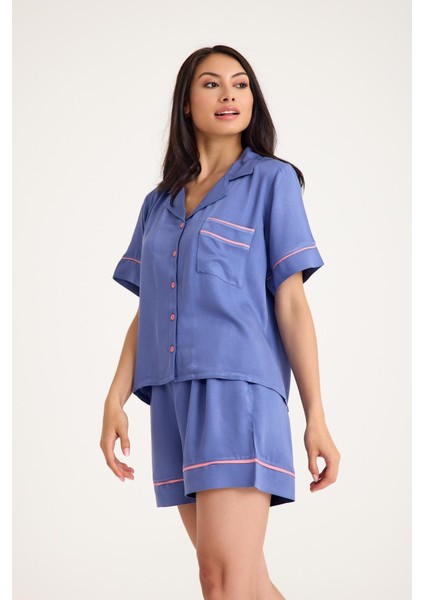 Dream Gri Mavi Viskon Kumaş Maskülen Şort Pijama Takım