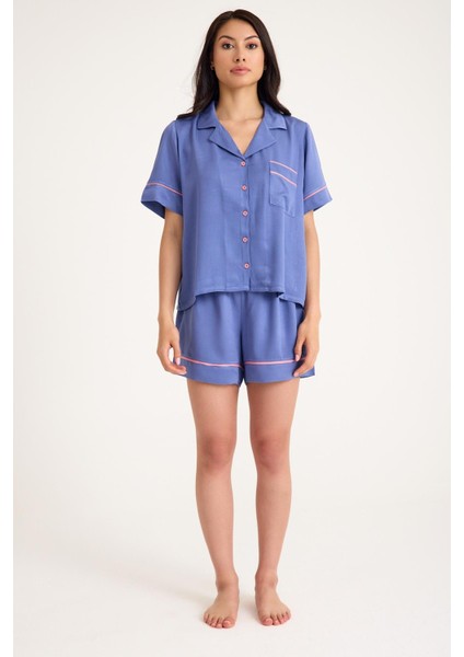 Dream Gri Mavi Viskon Kumaş Maskülen Şort Pijama Takım