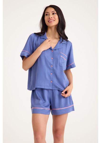 Dream Gri Mavi Viskon Kumaş Maskülen Şort Pijama Takım